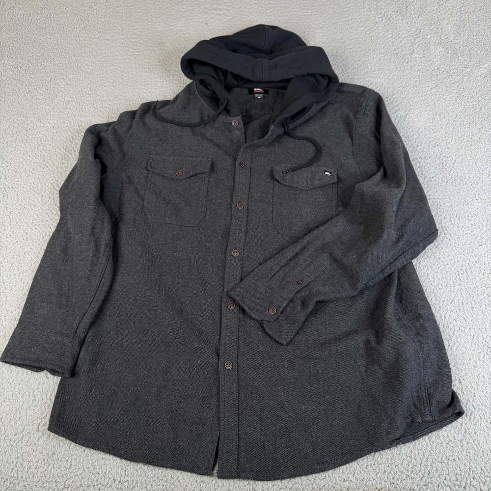 Quiksilver Hooded Flannel Shirt Mens XL Grey Black Button Up Surf Casual Jacket